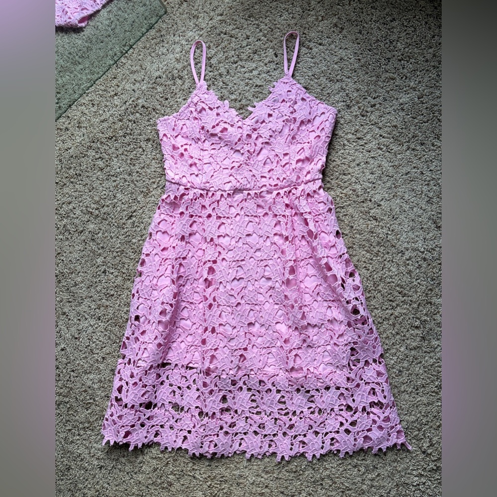 Pink Guipure Floral Lace Cami Dress - V-Neck A-Line Mini Dress